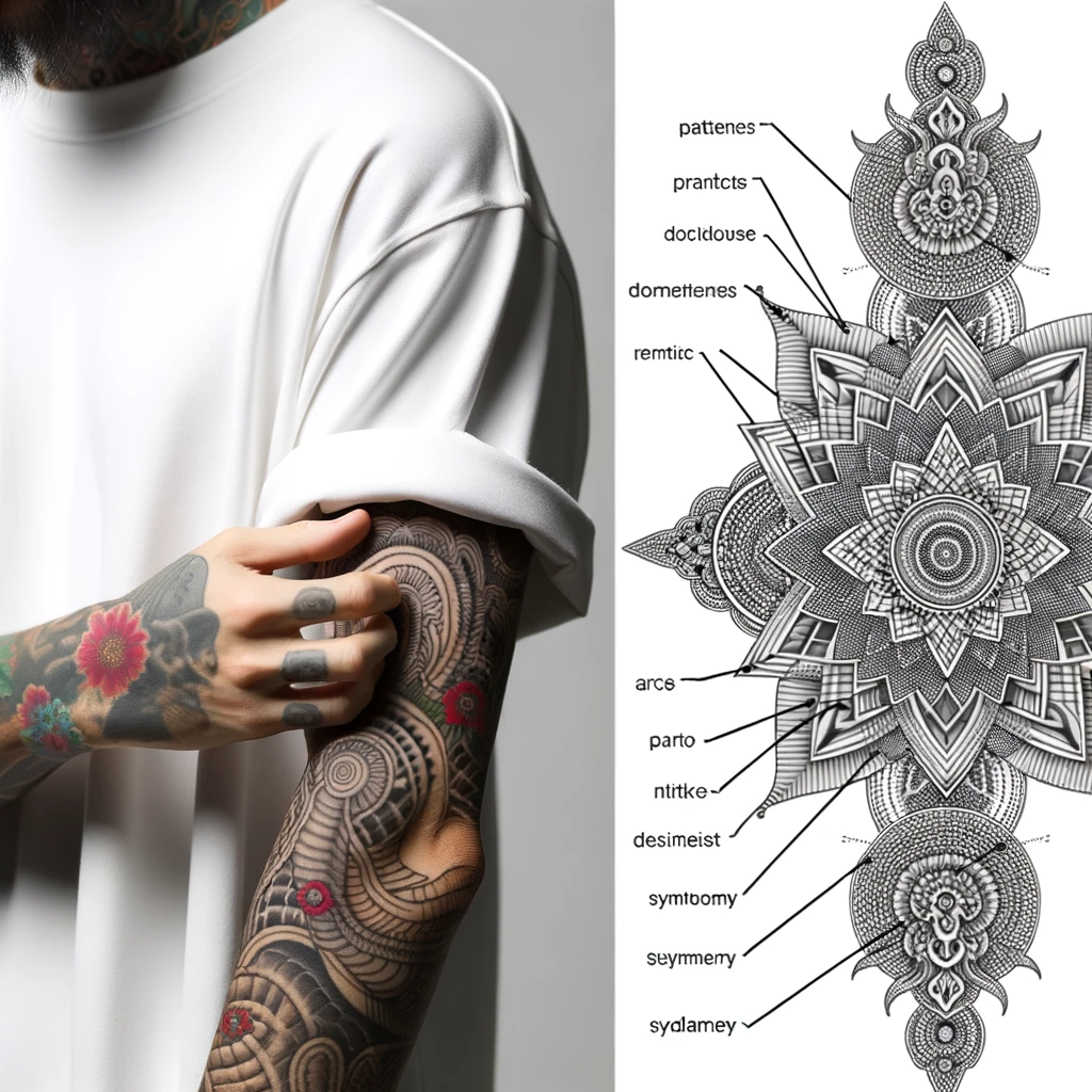 Intricate geometric tattoo design on a man's arm paired with detailed illustration.